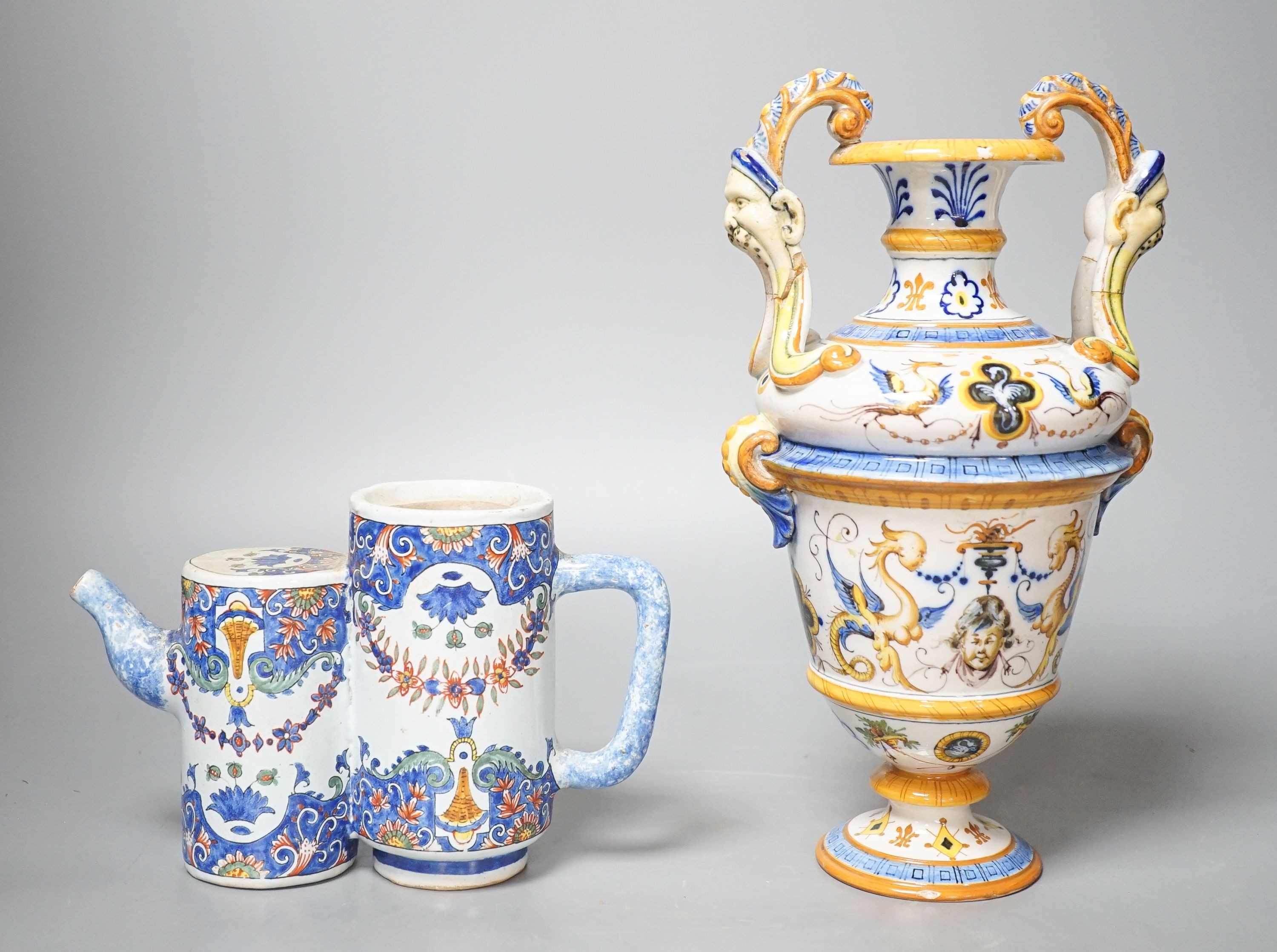 A Ginori maiolica two handled vase and Delft polychrome double cylinder teapot 27cm